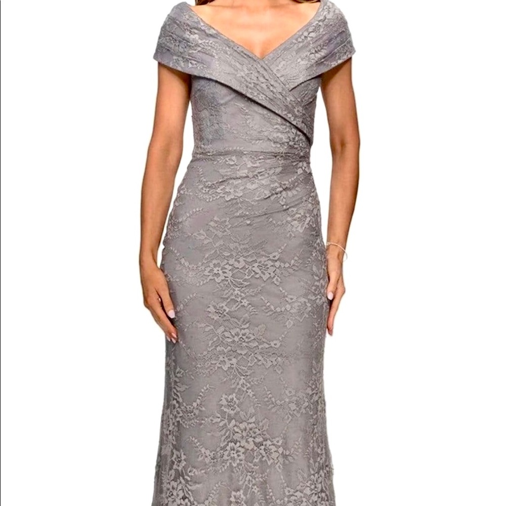 NWT La Femme Grey Off Shoulder Glitter Rhinestone encrusted Lace Stunner